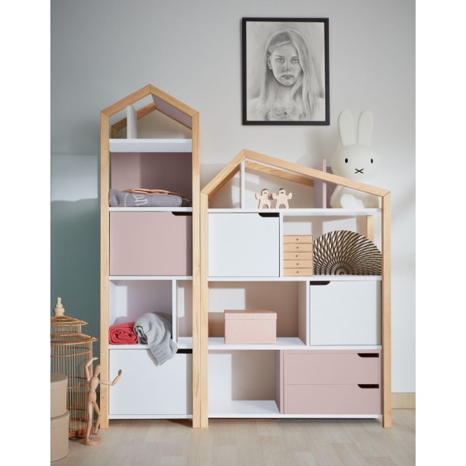 Biblioteca Montessori Kaya, tip casuta, cu 3 rafturi, 2 dulapioare, 2 sertare, lemn de pin, Roz, colectia TATAM, 130x90 cm