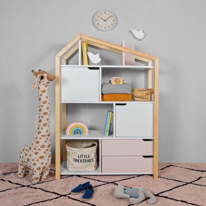 Biblioteca Montessori Kaya, tip casuta, cu 3 rafturi, 2 dulapioare, 2 sertare, lemn de pin, Roz, colectia TATAM, 130x90 cm