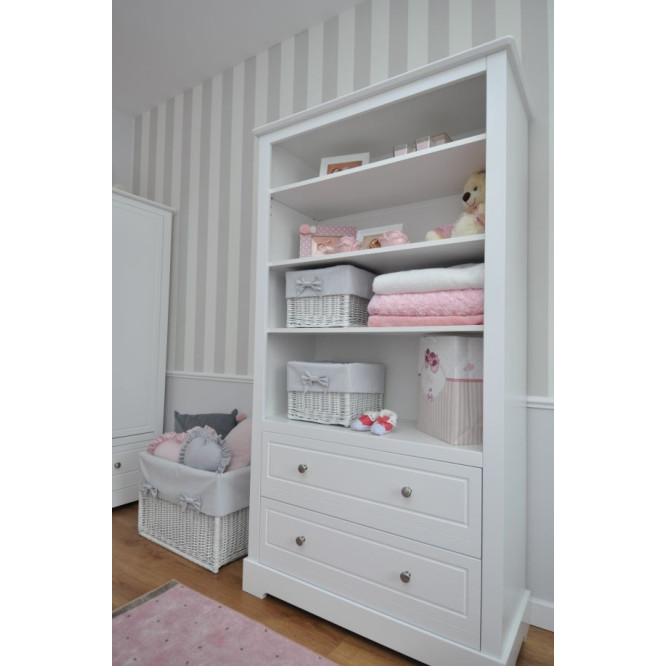 Biblioteca 4 rafturi, 2 sertare, MDF, Alb, stil clasic-romantic, 174x95 cm, colectia Marylou