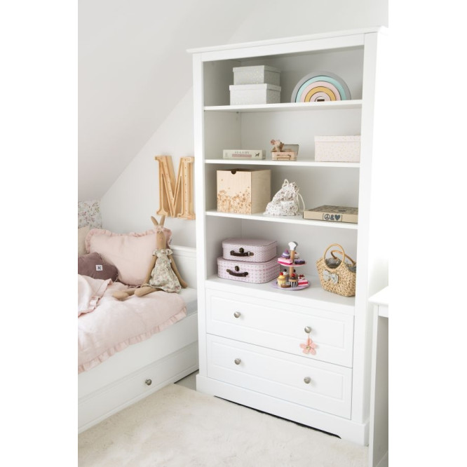 Biblioteca 4 rafturi, 2 sertare, MDF, Alb, stil clasic-romantic, 174x95 cm, colectia Marylou