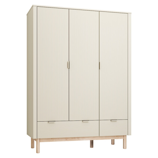 Dulap inalt cu 3 usi, 2 sertare, 200x145 cm din lemn masiv / MDF, colectia Miloo, champagne