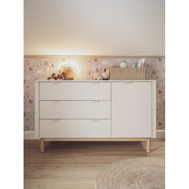 Comoda 3 sertare + dulapior  din lemn masiv / MDF, colectia Miloo, champagne