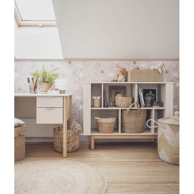 Biblioteca joasa 100 cm, 6 rafturi, din lemn masiv / MDF, colectia Miloo, champagne