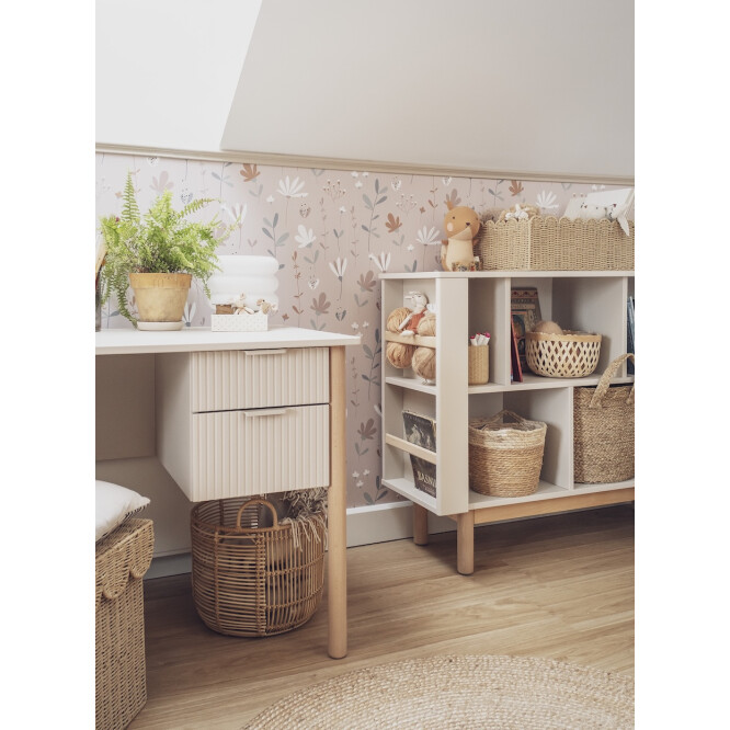 Biblioteca joasa 100 cm, 6 rafturi, din lemn masiv / MDF, colectia Miloo, champagne