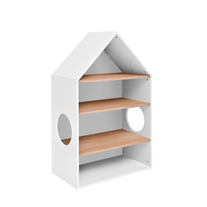 Biblioteca tip casuta, 3 rafturi din lemn de stejar, MDF, stil modern, colectia Nomi