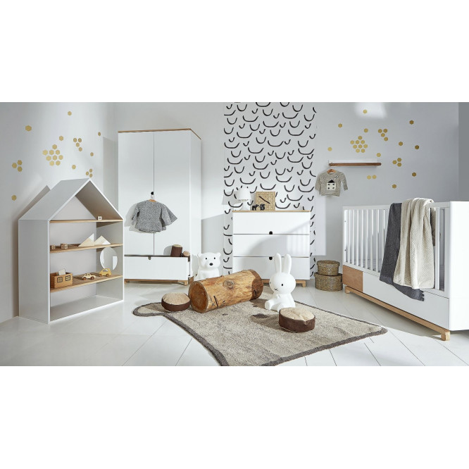 Patut bebe transformabil, cu sertar, MDF picioare lemn stejar, stil modern 140 x 70 cm, colectia NOMI