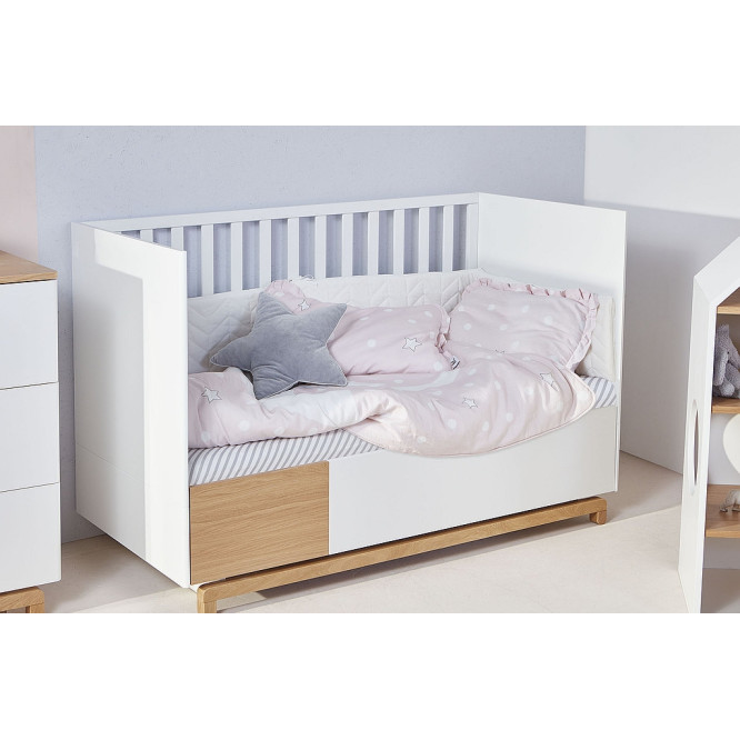 Patut bebe transformabil, cu sertar, MDF picioare lemn stejar, stil modern 140 x 70 cm, colectia NOMI