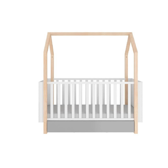 Patut bebe tip casuta, transformabil, cu sertar, Cadru de lemn, stil montessori, 140/160 x 70 cm colectia PINETTE