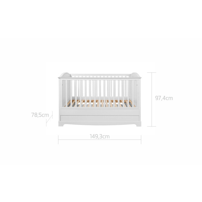 Patut bebe cu sertar, MDF/Lemn, ALB, stil clasic-romantic, 70x140 cm, colectia Royal
