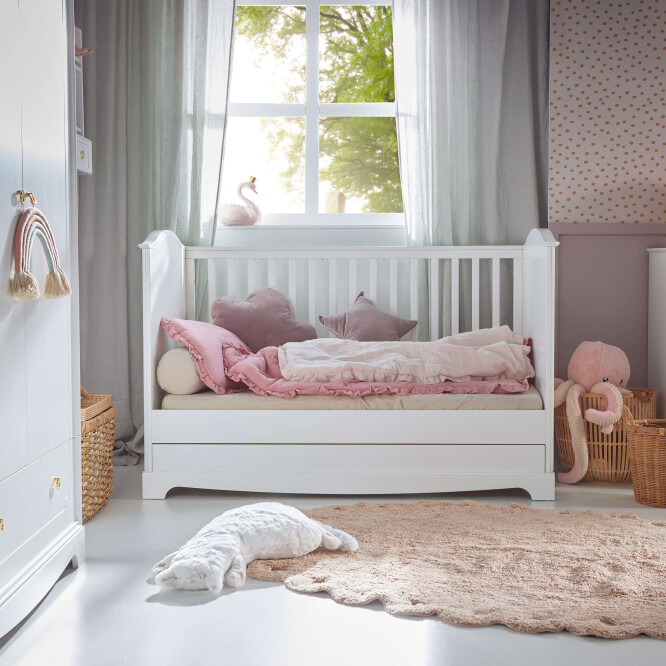 Patut bebe cu sertar, MDF/Lemn, ALB, stil clasic-romantic, 70x140 cm, colectia Royal