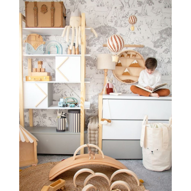 Biblioteca 5 rafturi, 2 dulapioare, cadru de Lemn, stil Montessori, 190x100 cm, colectia PINETTE