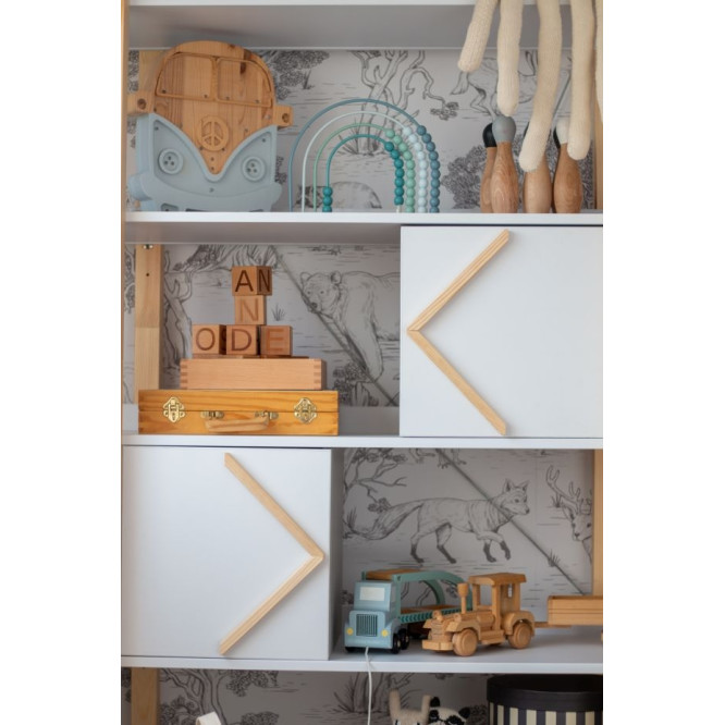 Biblioteca 5 rafturi, 2 dulapioare, cadru de Lemn, stil Montessori, 190x100 cm, colectia PINETTE