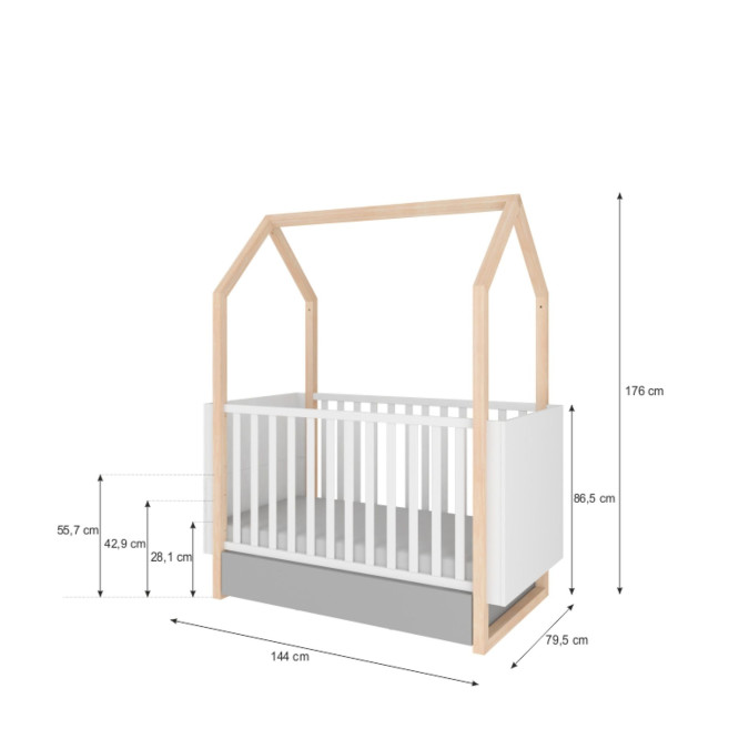 Patut bebe tip casuta, transformabil, cu sertar, Cadru de lemn, stil montessori, 140/160 x 70 cm colectia PINETTE