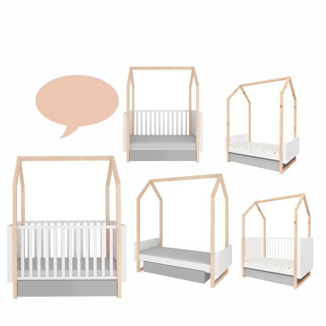 Patut bebe tip casuta, transformabil, cu sertar, Cadru de lemn, stil montessori, 140/160 x 70 cm colectia PINETTE