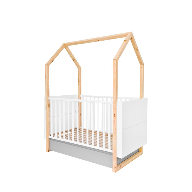 Patut bebe tip casuta, transformabil, cu sertar, Cadru de lemn, stil montessori, 140/160 x 70 cm colectia PINETTE