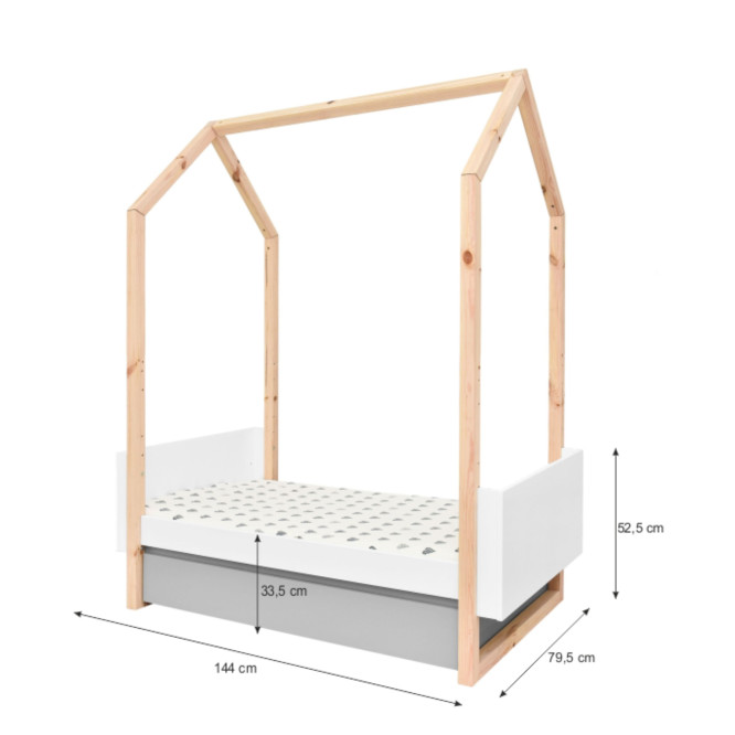 Patut bebe tip casuta, transformabil, cu sertar, Cadru de lemn, stil montessori, 140/160 x 70 cm colectia PINETTE