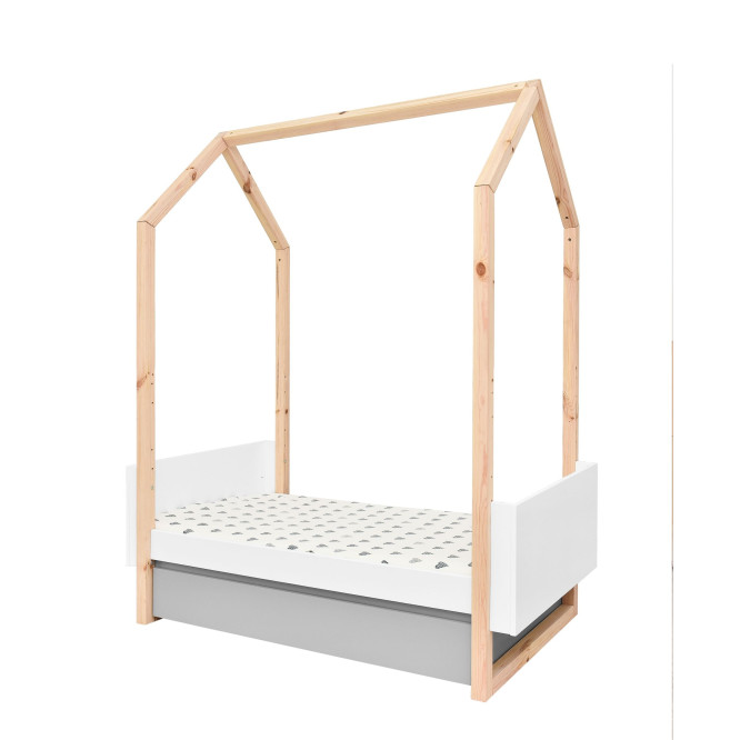 Patut bebe tip casuta, transformabil, cu sertar, Cadru de lemn, stil montessori, 140/160 x 70 cm colectia PINETTE
