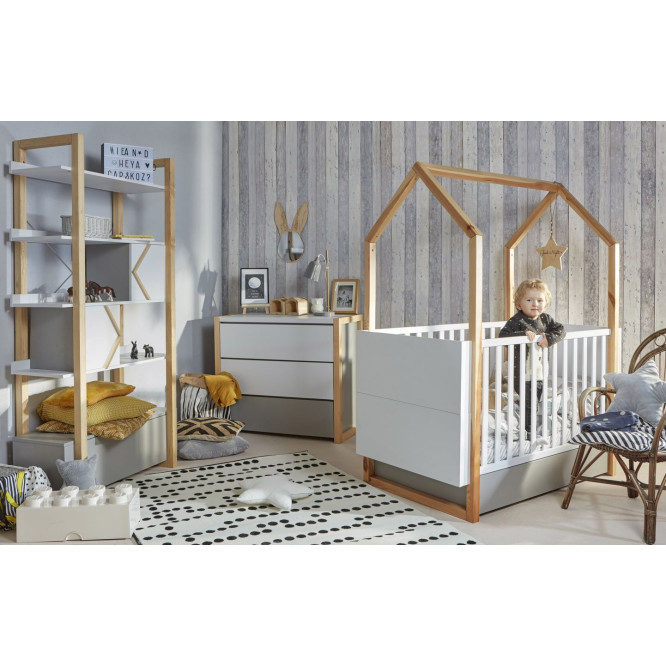 Patut bebe tip casuta, transformabil, cu sertar, Cadru de lemn, stil montessori, 140/160 x 70 cm colectia PINETTE