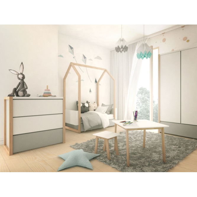 Patut bebe tip casuta, transformabil, cu sertar, Cadru de lemn, stil montessori, 140/160 x 70 cm colectia PINETTE
