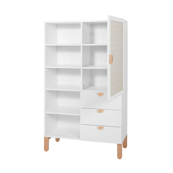 Biblioteca 5 rafturi cu usa si 3 sertare, MDF/lemn de fag, stil Scandinav, Ratan