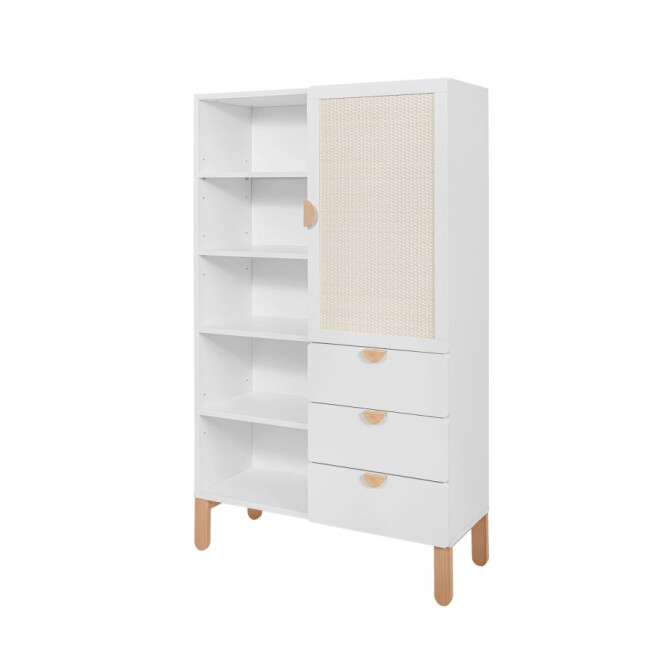 Biblioteca 5 rafturi cu usa si 3 sertare, MDF/lemn de fag, stil Scandinav, Ratan
