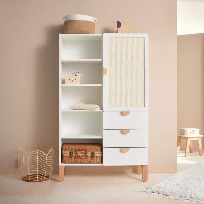 Biblioteca 5 rafturi cu usa si 3 sertare, MDF/lemn de fag, stil Scandinav, Ratan