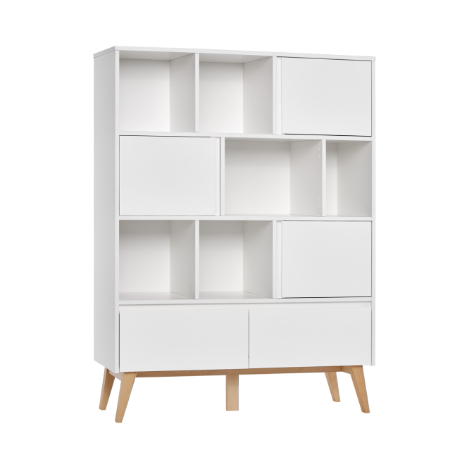 Biblioteca wide 4 rafturi, 2 dulapioare, 2 sertare, MDF/lemn de fag, Swing Alb 160x120 cm
