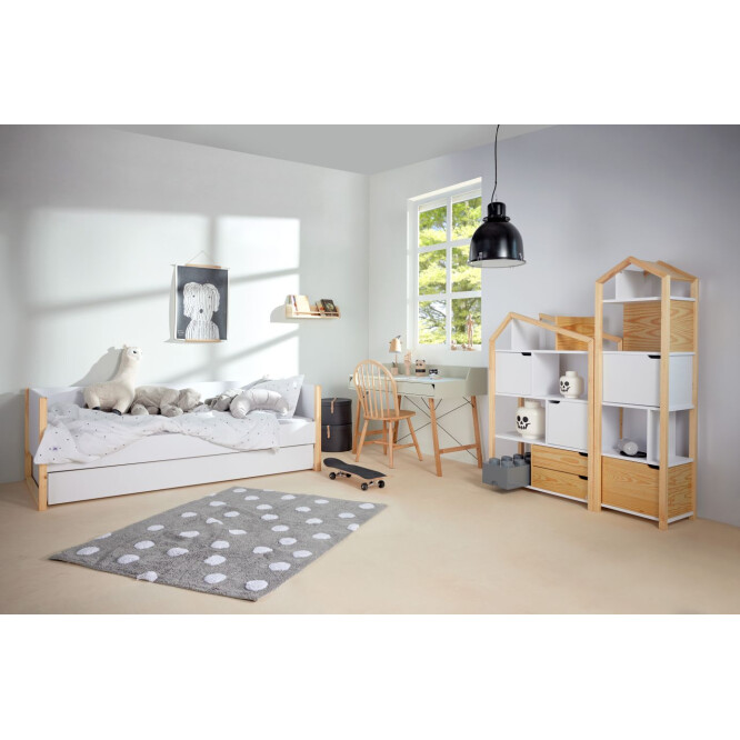 Biblioteca Montessori Kaya, tip casuta, cu 3 rafturi, 2 dulapioare, 2 sertare, lemn de pin, ALB, colectia TATAM, 130x90 cm