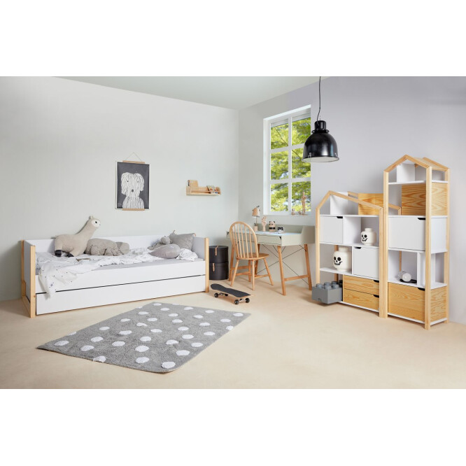 Biblioteca Montessori Kaya, tip casuta, cu 3 rafturi, 2 dulapioare, 2 sertare, lemn de pin, ALB, colectia TATAM, 130x90 cm