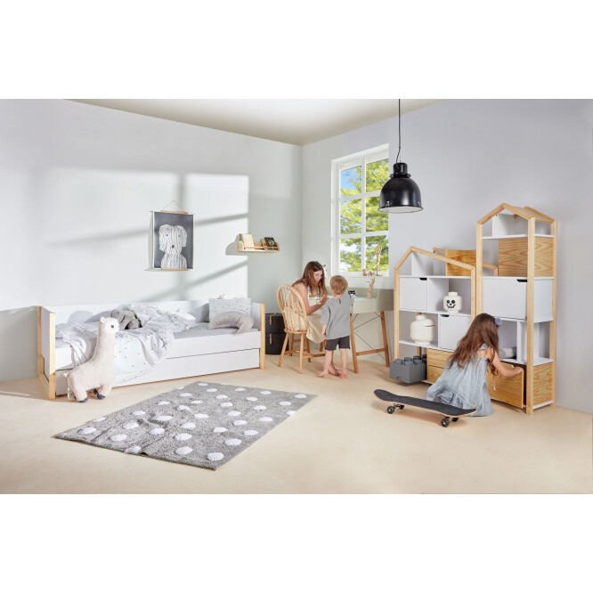 Biblioteca Montessori Kaya, tip casuta, cu 3 rafturi, 2 dulapioare, 2 sertare, lemn de pin, ALB, colectia TATAM, 130x90 cm