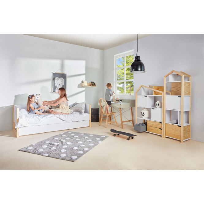 Biblioteca Montessori Joey, tip casuta, cu 3 rafturi, 2 dulapioare, lemn de pin, ALB, colectia TATAM, 160x46 cm