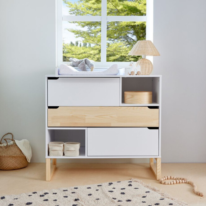 Comoda Montessori, 3 sertare, 2 rafturi, MDF/Lemn de pin, ALB, colectia TATAM