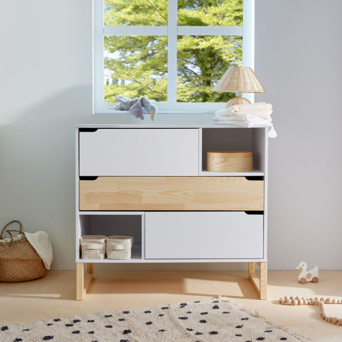 Comoda Montessori, 3 sertare, 2 rafturi, MDF/Lemn de pin, ALB, colectia TATAM