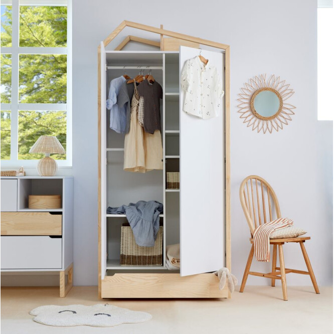 Dulap Montessori, tip casuta, 2 usi, sertar, MDF/lemn de pin, ALB, colectia TATAM, 210x100 cm 