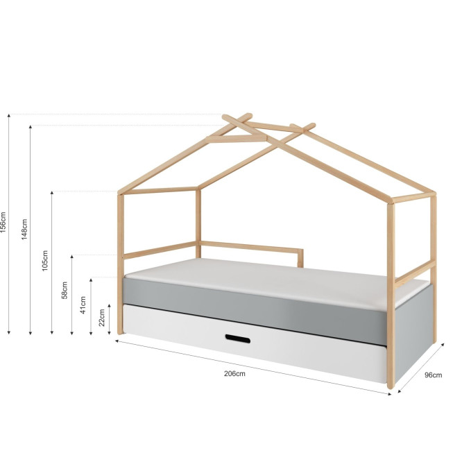 Pat tip casuta, cu sertar, cadru de Lemn, stil Montessori, 90x200, colectia TeePee