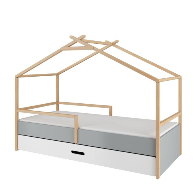 Pat tip casuta, cu sertar, cadru de Lemn, stil Montessori, 90x200, colectia TeePee