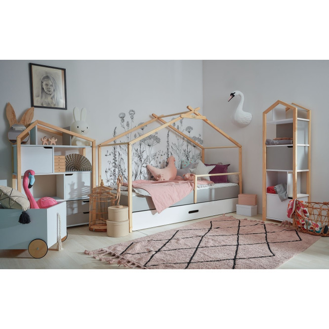Pat tip casuta, cu sertar, cadru de Lemn, stil Montessori, 90x200, colectia TeePee